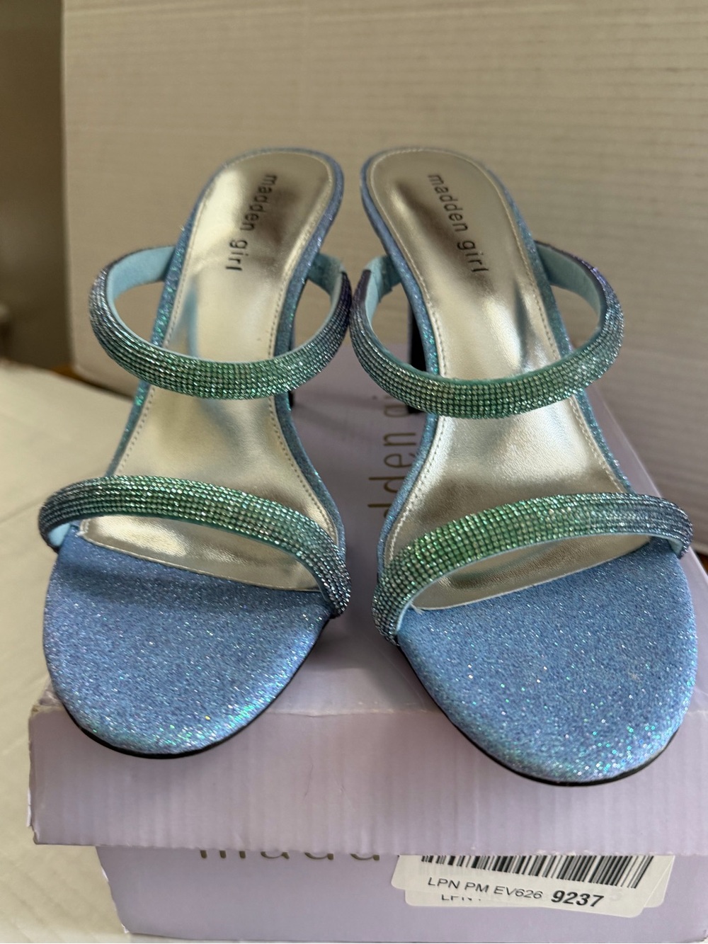 Madden Girl Beauty-R Two Band Stiletto Dress Sandals Blue Party Glitter 9.5 - Picture 4 of 7